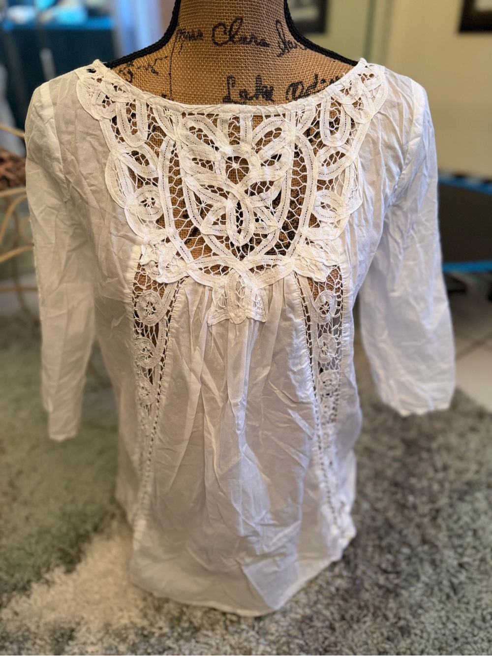 Victoria's Secret White Crochet Yoke Peasant Top